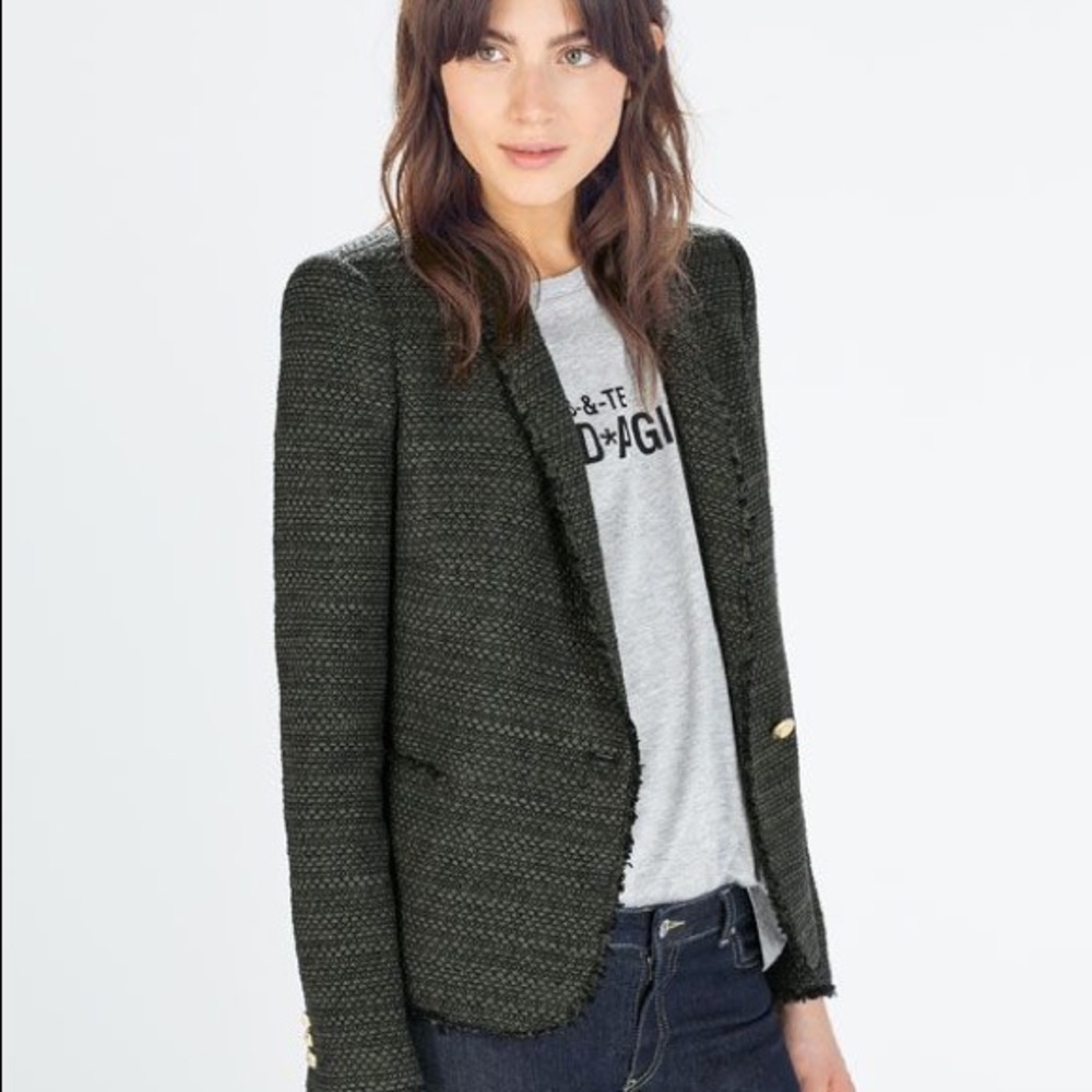 Zara Tweed Green Blazer Gold Accents - Picture 2 of 8